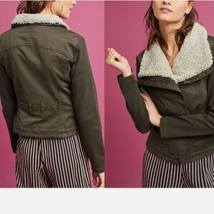Anthropologie By Marrakech Utility  Green Cream Removable Sherpa Collar Jacket
